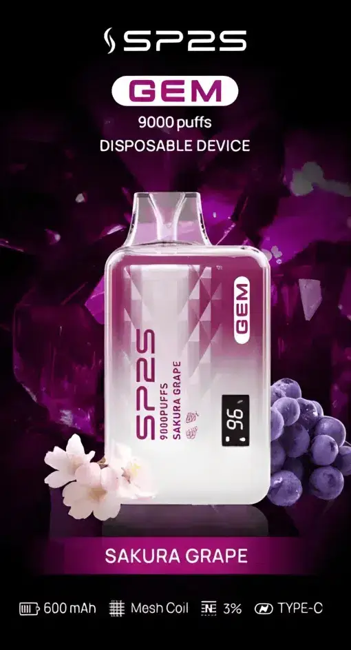 SP2S GEM 9000口拋棄式電子煙｜3%尼古丁鹽 螢幕電量顯示 600mAh電池 Type-C快充 台灣現貨